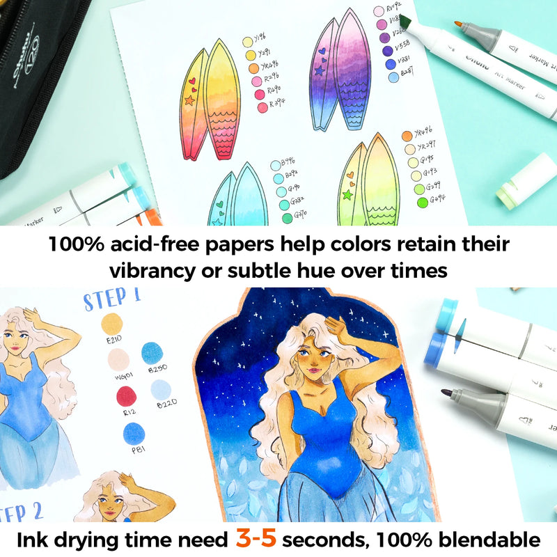 Blocos de marcadores de dupla face Ohuhu, caderno de esboços artísticos à prova de sangramento, espiral, caderno de esboços para marcadores de álcool, caderno de desenho escolar