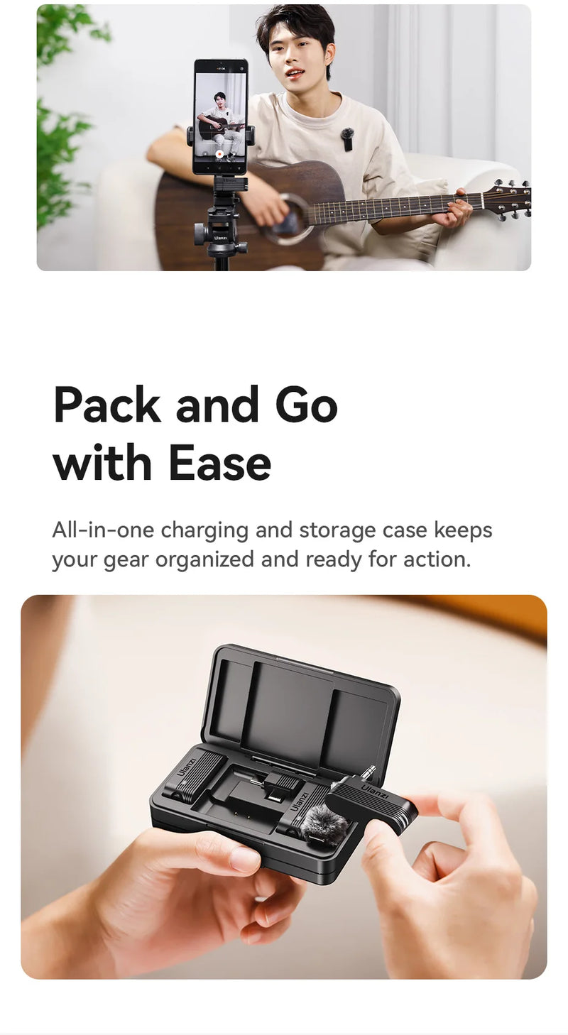 Microfone de lapela sem fio Ulanzi A100 para câmera iPhone 16 15 Pro Max Android DJI Action Pocket 3 com gravação dupla ao vivo
