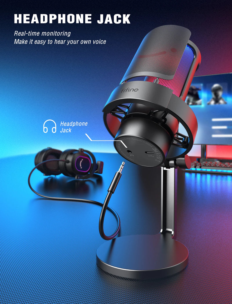 Microfone USB FIFINE para gravação e streaming em PC/Mac com filtro pop, silenciador rápido e conector de microfone de 3,5 mm, microfone com 3 modos RGB - A8