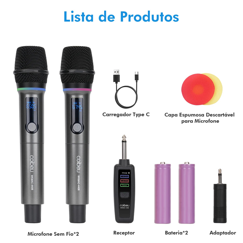 Kit 2 Microfones sem fio UHF 2.4G profissional com LED RGB - 2 unidades, bateria 18650, atraso de 2,5 ms, cardioide para karaokê/ao vivo