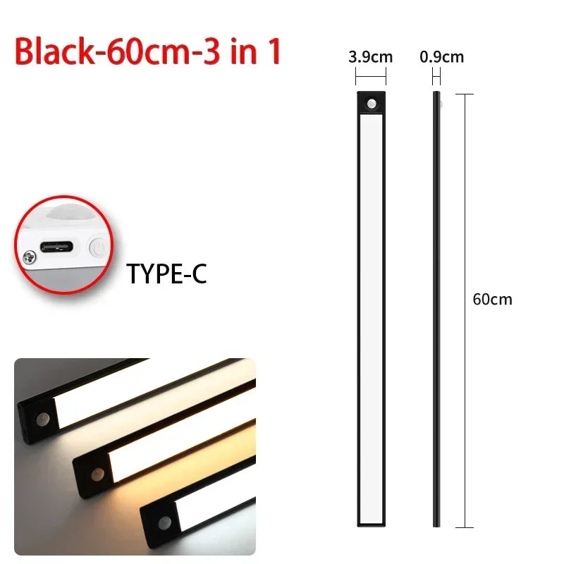 Luz noturna LED com sensor de movimento 20/30/40/60 cm, sem fio, USB, para armário, luz noturna, lâmpada para guarda-roupa, cozinha, armário, quarto