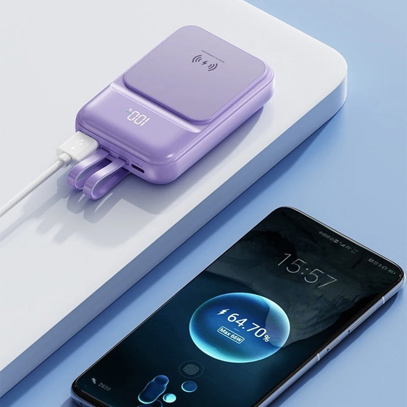 Carregador portátil Magsafe de 10000mAh para celular, bateria externa com indução, mini saída universal, 2 cabos