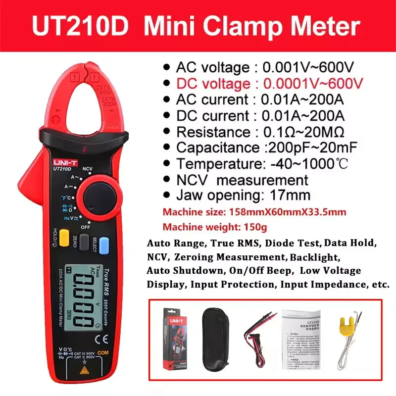 Alicate Amperímetro UNI-T UT204 Plus UT210E UT210D AC/DC Voltímetro Digital Amperímetro Alicate Multímetro Multitester Elétrico Profissional