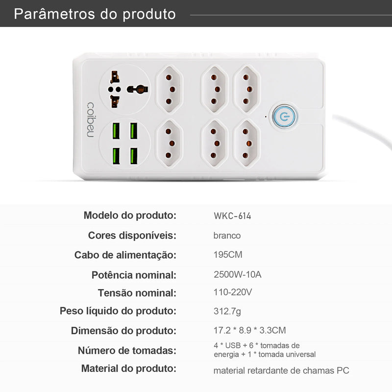 Filtro de Linha extensão com Tomada, universal, USB e Tipo C