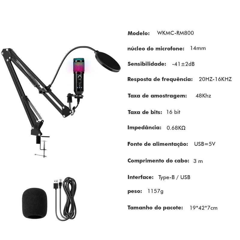 Microfone RGB de Braço Articulado, Condensador, de Mesa para PC Gamer, Coibeu