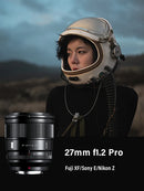 Lente VILTROX 27mm 75mm F1.2 para Fuji X, equivalente à lente Sony E 27mm 1.2, com foco automático e grande abertura, ideal para retratos em câmeras APS-C da Fujifilm.