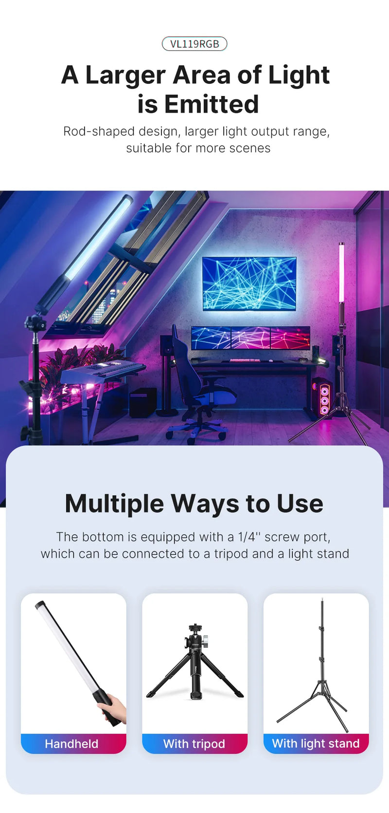 Ulanzi i-Light VL119 RGB Bastão de luz portátil LED RGB 2500-9000K - Iluminação fotográfica Tubo magnético Luz para vídeo Vlog
