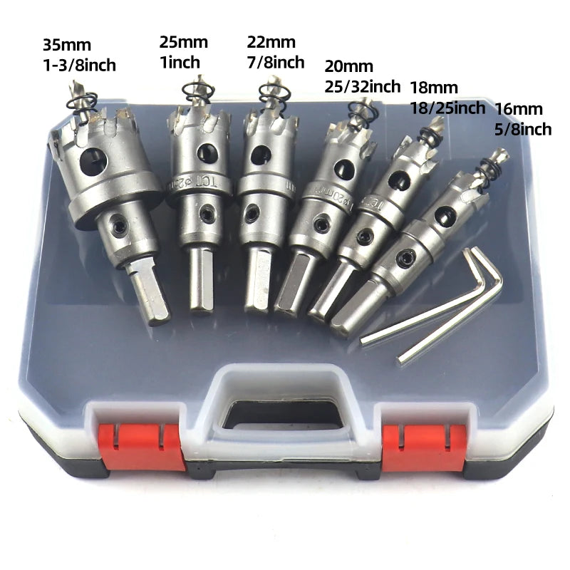 8 peças/conjunto de brocas de 16-35 mm para serra copo TCT de metal com ponta de carboneto e broca de núcleo de metal com caixa
