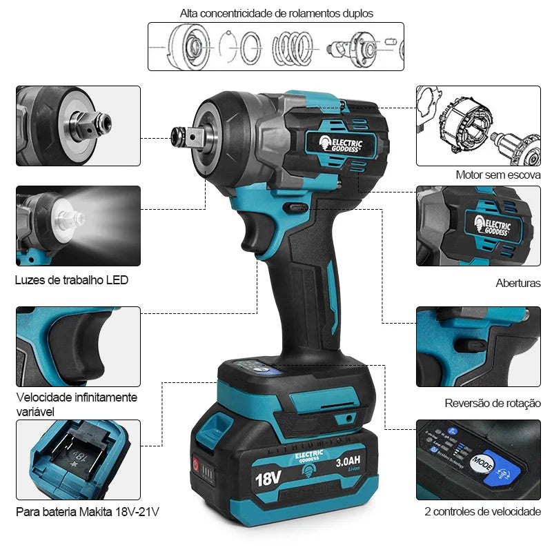 Conjunto de chaves elétricas sem escova EGOD de 1/2'' de alta potência, 500 N.M, para remoção de pneus soltos, ferramentas elétricas para reparo de pneus de carro, para bateria Makita de 18 V