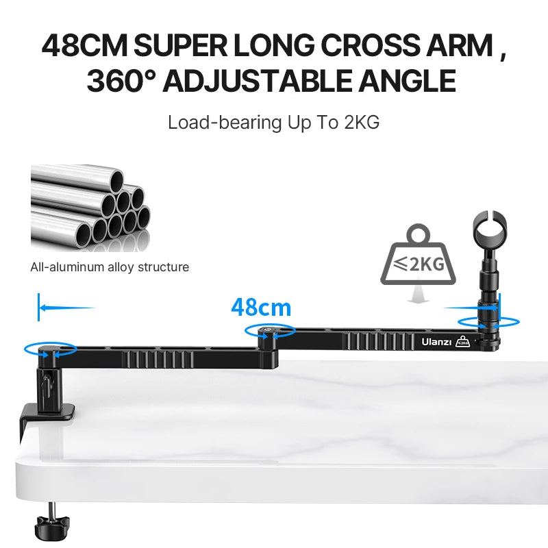 Suporte baixo para microfone de mesa Ulanzi LS26, ajustável em 360°, braço cruzado super longo de 48 cm com suporte para microfone de 1/4'', 3/8'' e 5/8''