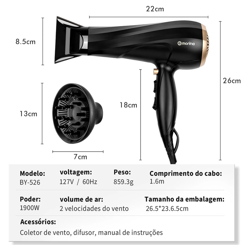 Secador de cabelo elétrico V-127V ou 220V 1900W Preto/Dourado