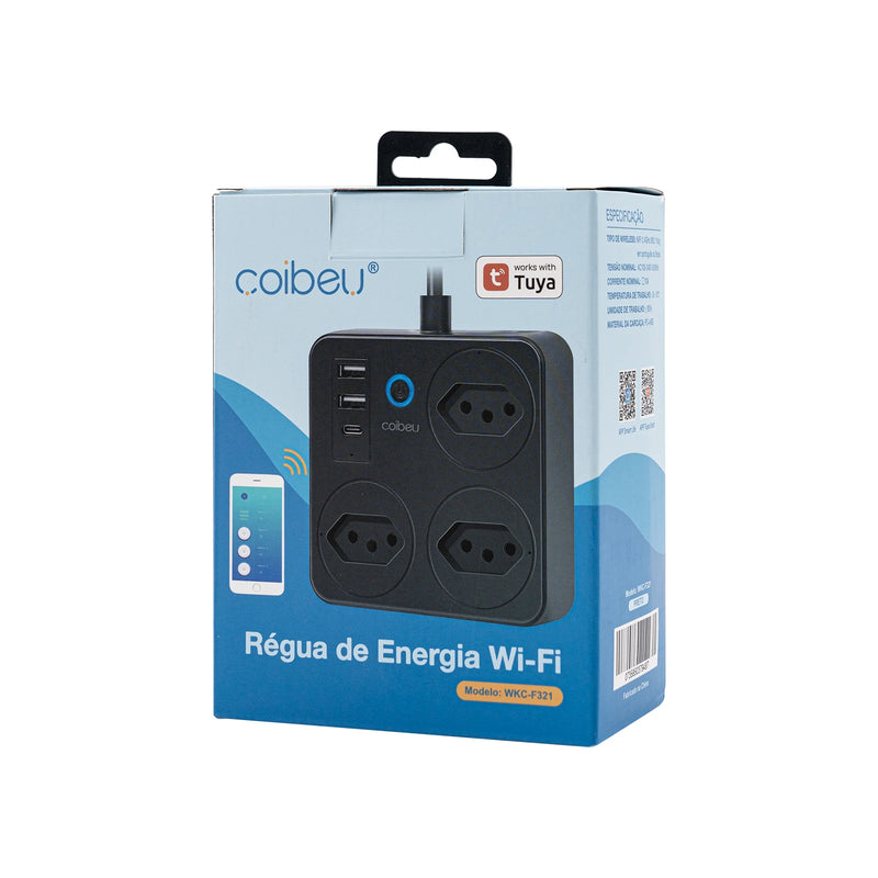 Filtro de Linha Inteligente Com WiFi, 3 Tomada, 2 Entradas USB, 1 Entrada Tipo C e 1 Botão Liga Desliga Geral