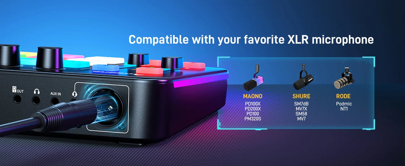 Interface de áudio para jogos MAONO G1 NEO, efeitos sonoros personalizados, mixer de áudio, streaming com microfone XLR para voz de jogos