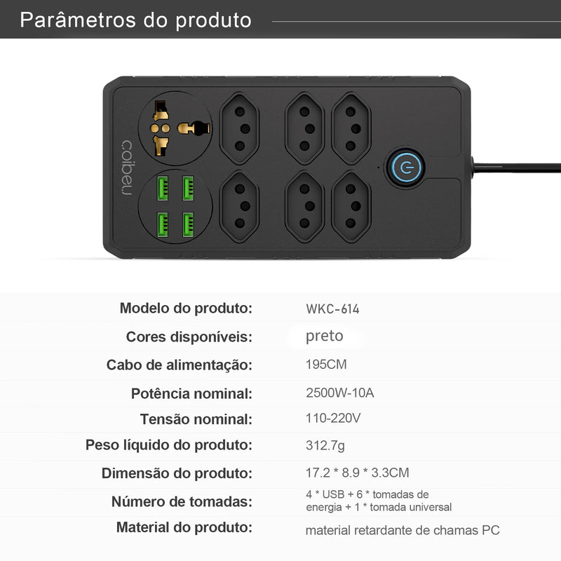 Extensão elétrica, filtro de linha, extensão de energia, tomada USB, plugue, plugue de água, filtro de linha brasileiro, 100-220V, 10A