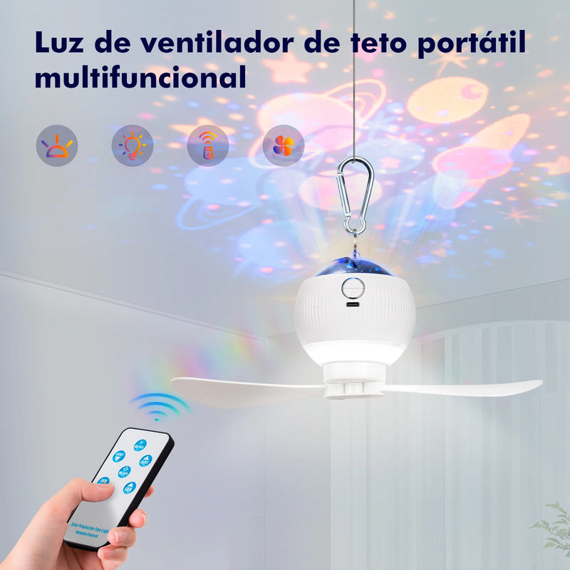 Ventilador, Lâmpada LED e Projetor de Estrelas e Planetas Portátil - Recarregável USB Com Controle