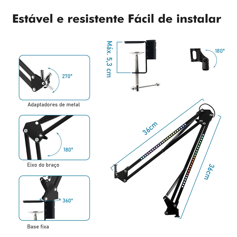 Braço Articulado para Microfone com RGB e Controle de Luz