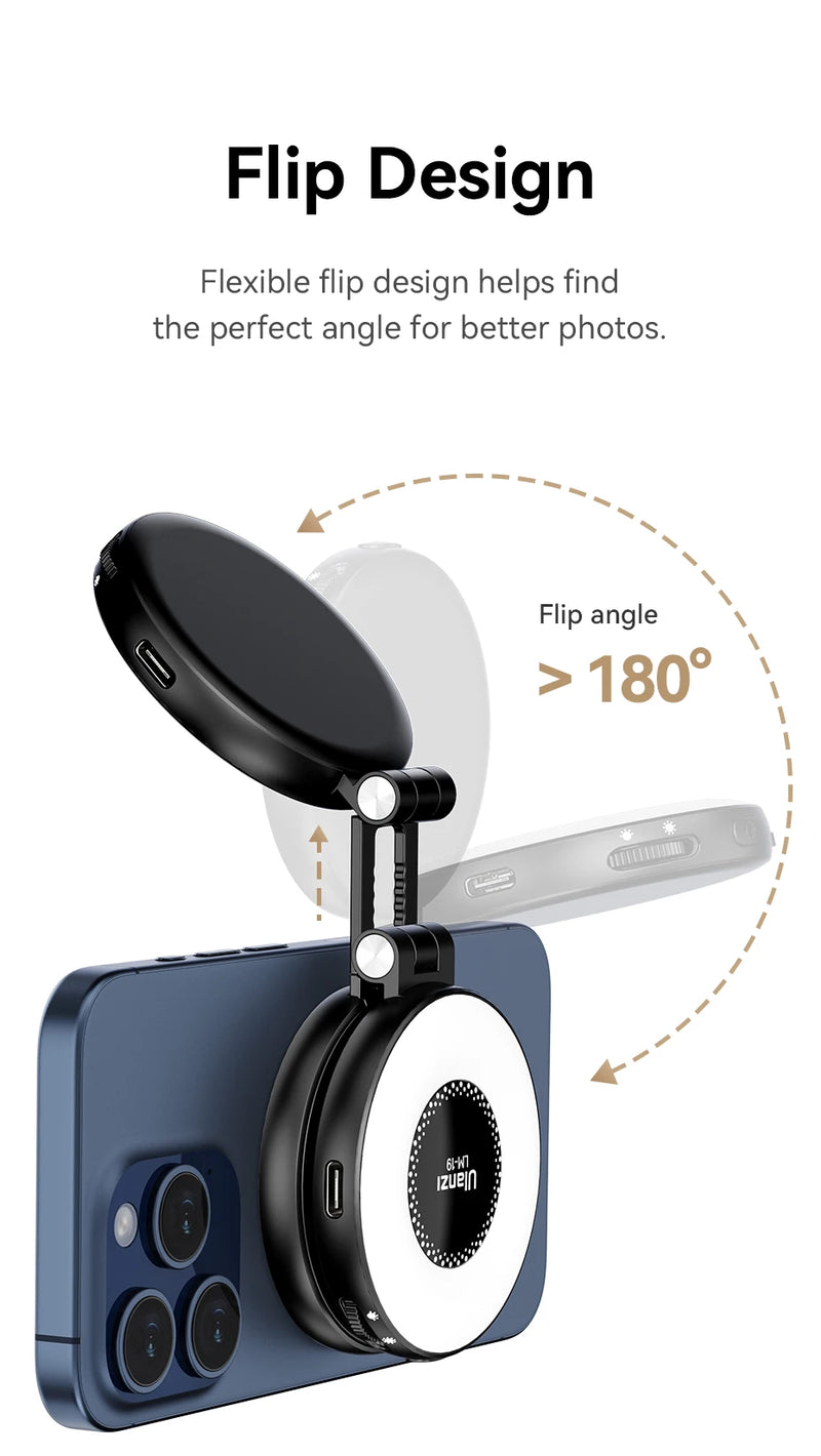 Ulanzi LM19 MagSafe Light Luz portátil para selfies para iPhone 16 15 14 13 12 Pro Max Suporte de luz de preenchimento para selfies e vídeos Vlog