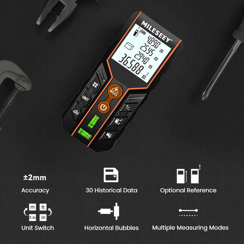Telêmetro a laser MILESEEY D2 40M 60M 100M 120M Fita métrica a laser Bolha horizontal dupla Roleta digital