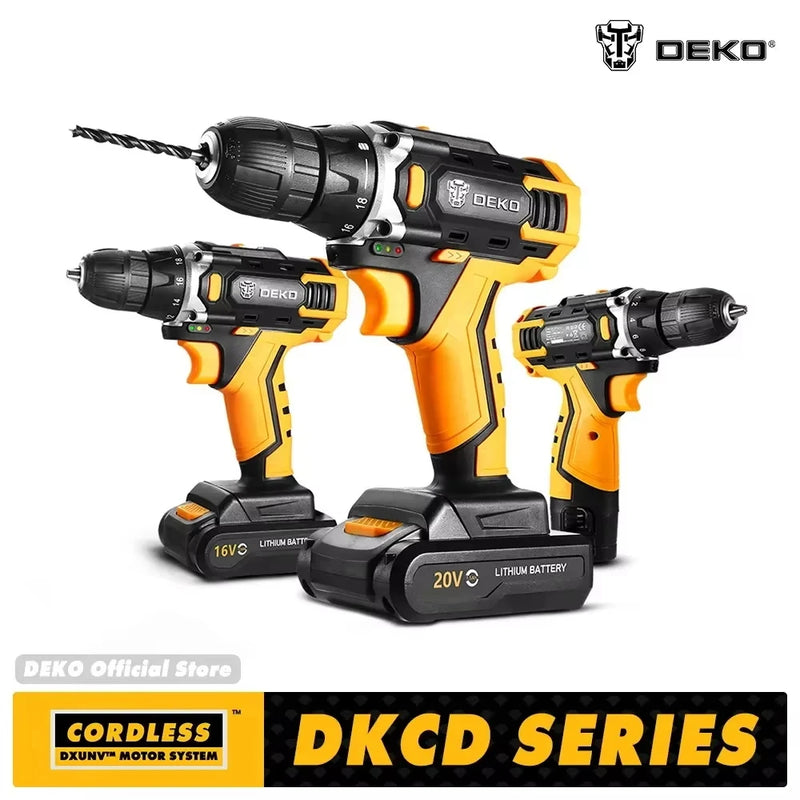 DEKO 12V 16V 20V SET1 Furadeira sem fio 2 velocidades Parafusadeira elétrica DIY Mini chave de fenda sem fio Bateria de íon de lítio DC 3/8 polegadas