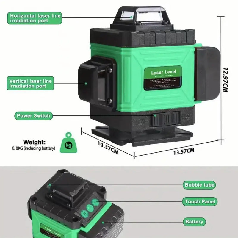 Nível de laser de feixe verde de 16 linhas 360° Ferramenta de alinhamento de alta precisão para projetos profissionais de construção e faça você mesmo Durável e ultrafino