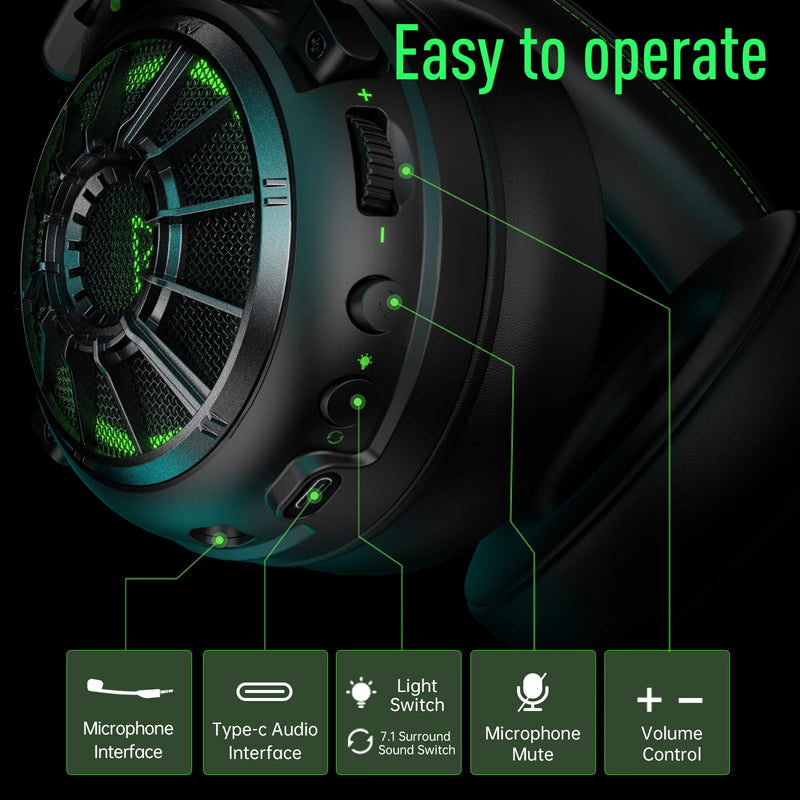 Fones de ouvido gamer profissionais EKSA E5000 para PC/PS4/Xbox/Switch, headset gamer com fio 7.1 e microfone ENC, cabo removível USB/Tipo C/3,5 mm