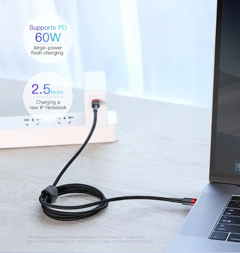 Cabo USB C para USB C Baseus Cafule 60 W para iPhone 15, MacBook, iPad Pro, cabo de carregamento rápido 5A, trança de nylon de 1 m/2 m