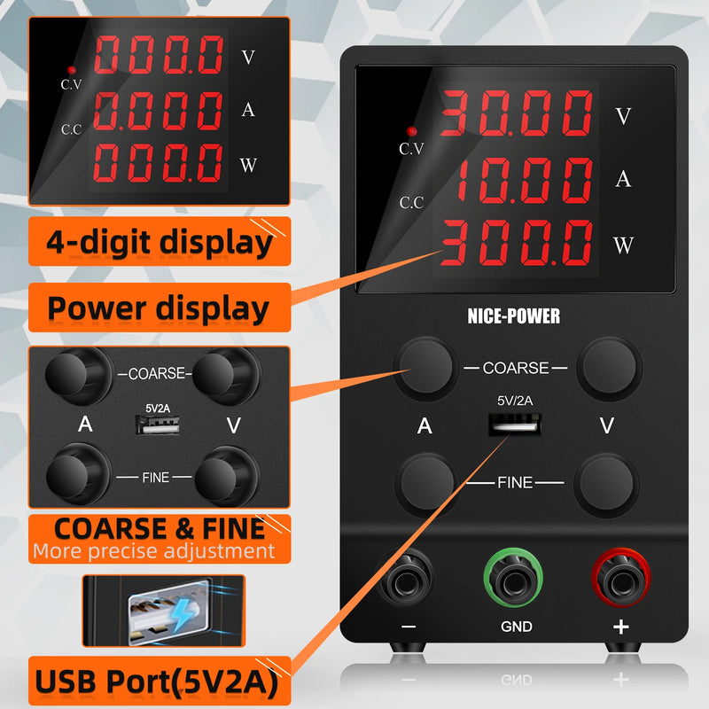 Fonte de alimentação de bancada NICE-POWER, 30 V 10 A, fonte de alimentação de laboratório de alta precisão regulada por comutação ajustável, entrada 110 V-230 V