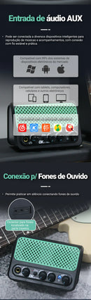 Mini amplificador de guitarra elétrica DK, 10W, Bluetooth, com efeitos de reverb e overdrive, bateria de lítio e 30 ritmos de bateria.