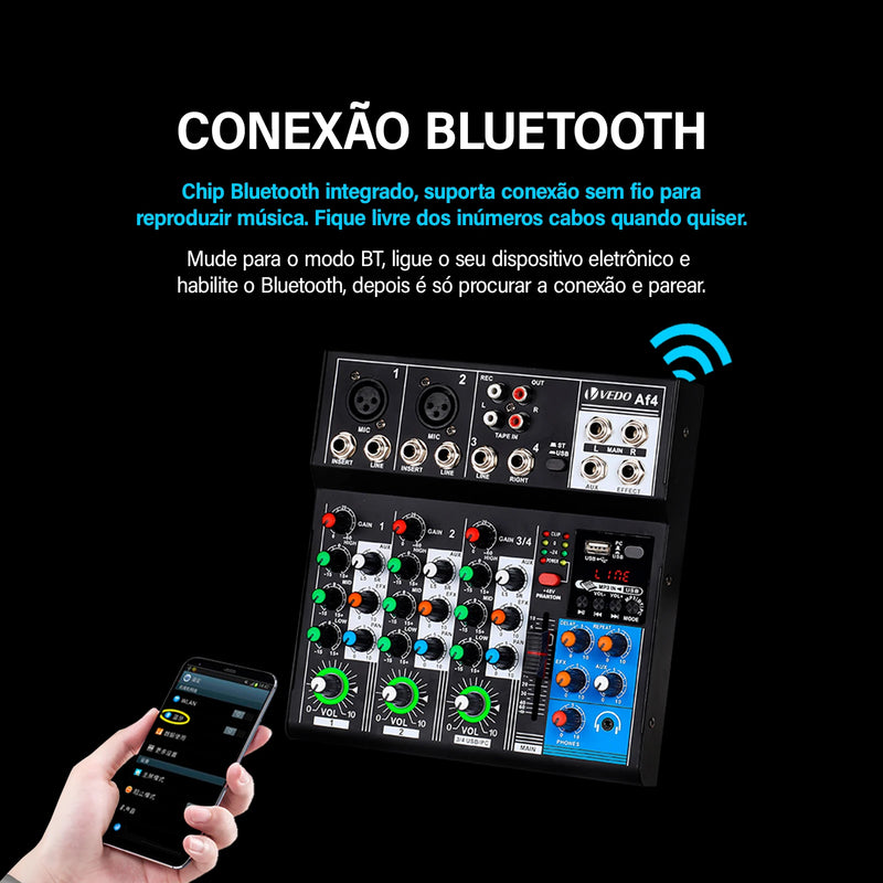 Mixer analógico VEDO AF4, placa de som digital mesclada, 4 canais, configurações de função personalizadas, console de mixagem analógico para transmissão ao vivo