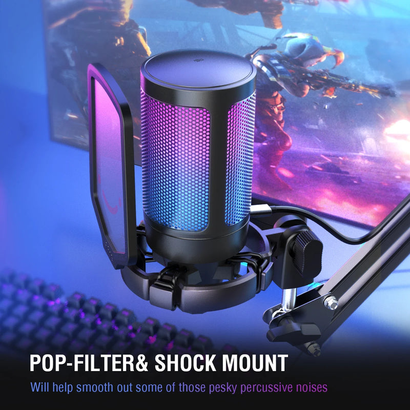 Microfone para jogos USB FIFINE, microfone condensador com RGB, para PC, PS4, PS5 e MAC, adequado para podcasters/jogadores/influenciadores/estúdio doméstico