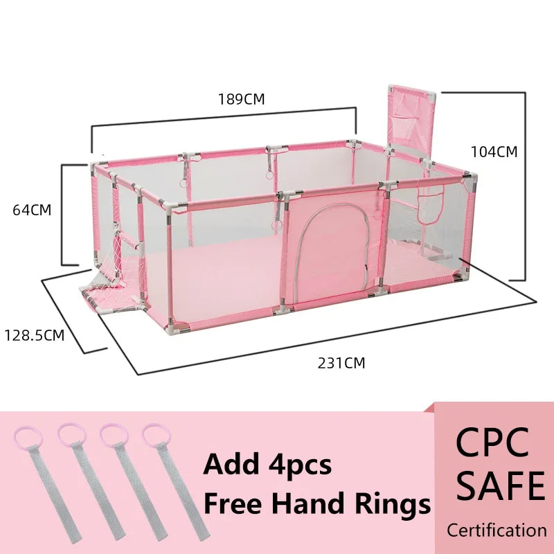 Cercado infantil IMBABY para uso interno, com barreira de segurança, piscina seca e área de recreação para crianças.