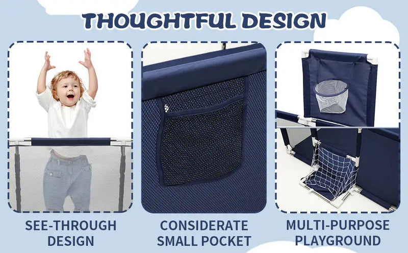 Cercado infantil IMBABY para uso interno, com barreira de segurança, piscina seca e área de recreação para crianças.