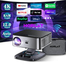 Projetor Horlat 4K UHD de 35000 lúmens com Android 12, Wi-Fi 6, Bluetooth 5.2 e 64 GB de RAM, resolução nativa de 1080p Full HD, ideal para home theater e filmes na Netflix.