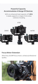 Gimbal de mão FeiyuTech SCORP Mini 2 de 3 eixos para câmeras mirrorless e de ação, smartphone com rastreador de IA, preenchimento magnético e capacidade de carga de 1,2 kg.