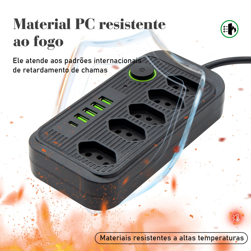 Extensão elétrica, filtro de linha, extensão de energia, tomada USB, plugue, plugue de água, filtro de linha brasileiro, 100-220V, 10A