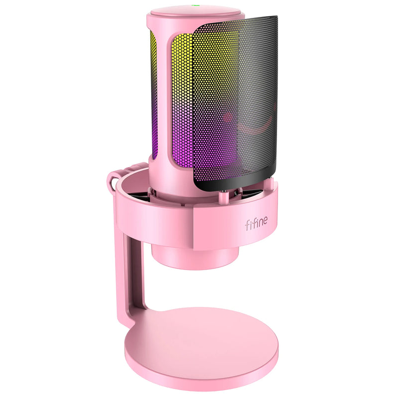 Microfone USB FIFINE para gravação e streaming em PC/Mac com filtro pop, silenciador rápido e conector de microfone de 3,5 mm, microfone com 3 modos RGB - A8