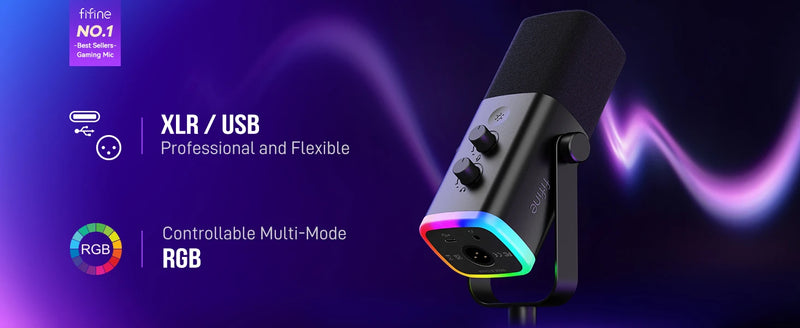 Microfone dinâmico FIFINE USB/XLR com controle RGB/entrada para fone de ouvido/mudo, microfone para jogos de PC, gravação e streaming AmpliGame-AM8