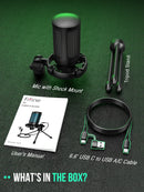 Microfone para jogos AmpliGame com silenciador rápido, microfone condensador USB RGB com tripé para PC, laptop, PS4/5, streaming de podcast - A2