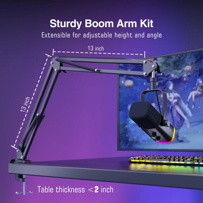 Kit de microfone dinâmico XLR FIFINE com braço articulado para mixer, conjunto de microfone USB para jogos com RGB, controle de volume para PC PS5/4 AmpliGame AM8T