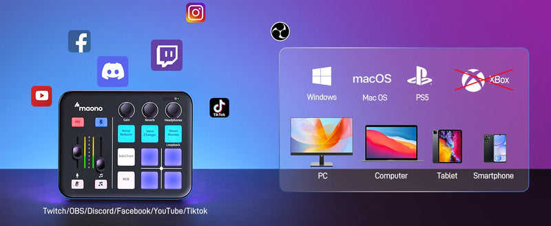Interface de áudio para jogos MAONO G1 NEO, efeitos sonoros personalizados, mixer de áudio, streaming com microfone XLR para voz de jogos
