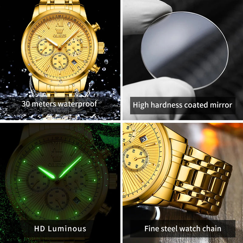 Relógios Masculinos OLEVS de Luxo Dourados em Aço Inoxidável à Prova D'água, Cronógrafo Luminoso com Data e Display de 24 horas