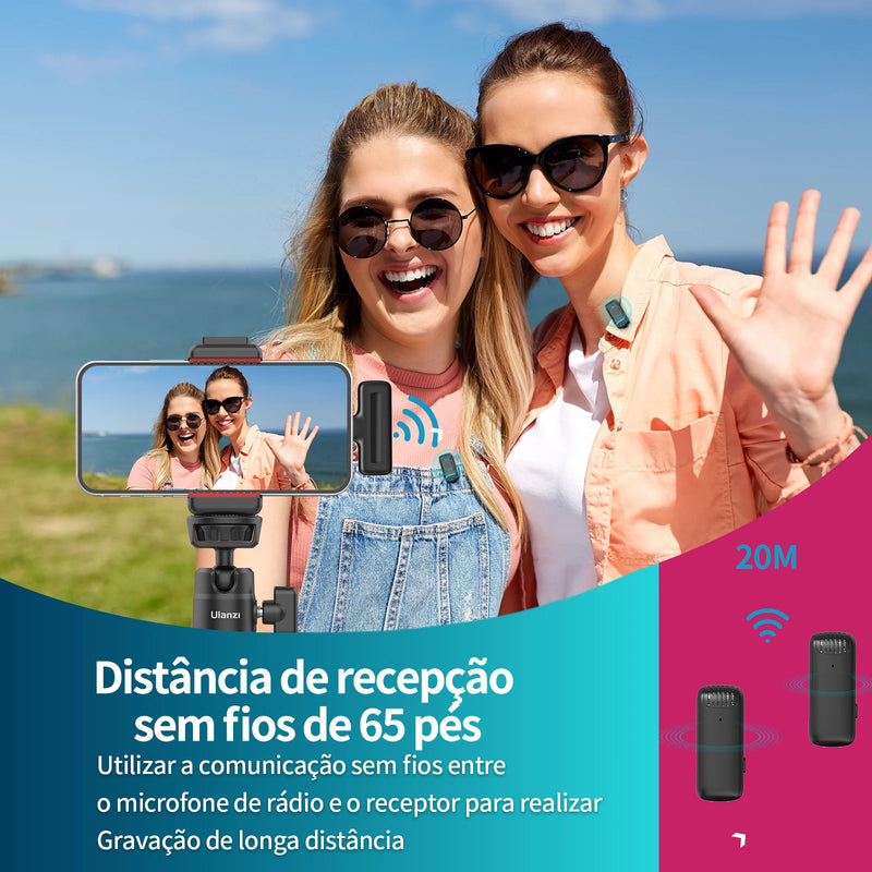 Microfone de lapela sem fio Ulanzi J12 com mini microfone para gravação de áudio e vídeo, plug-play para smartphone Android e iPhone, transmissão ao vivo