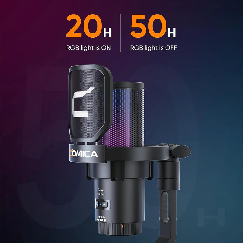 Microfone para jogos USB com fio Comica Uni D Uni A para PC, laptop, telefone, microfone condensador com cancelamento de ruído e iluminação RGB