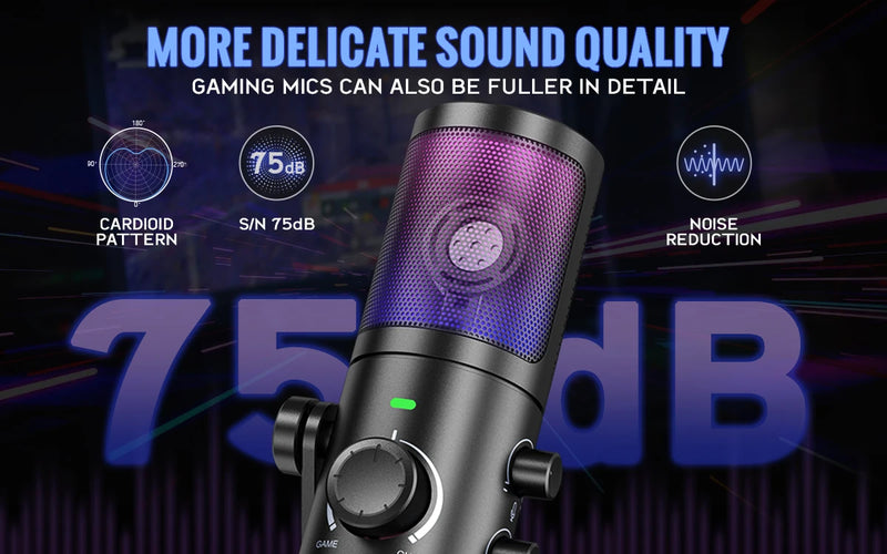 Microfone para jogos USB FIFINE com botão de cancelamento de ruído/RGB/ganho e equilíbrio, microfone condensador para streaming de podcast - Ampligame AM6