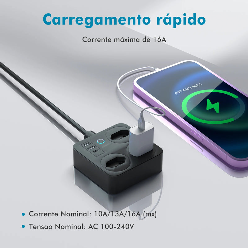 Filtro de Linha Inteligente Com WiFi, 3 Tomada, 2 Entradas USB, 1 Entrada Tipo C e 1 Botão Liga Desliga Geral