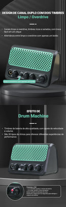 Mini amplificador de guitarra elétrica DK, 10W, Bluetooth, com efeitos de reverb e overdrive, bateria de lítio e 30 ritmos de bateria.