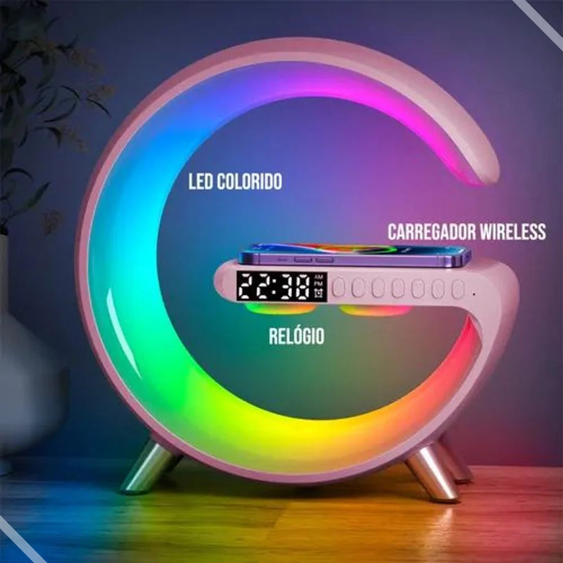 Luminária G Led RGB com Carregador por Indução, Despertador e Caixa de som Bluetooth para Mesa de Escritório