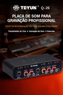 Placa de som externa USB TEYUN Q-26 com interface de áudio para guitarra elétrica, ideal para gravação ao vivo em estúdio e canto em PC.