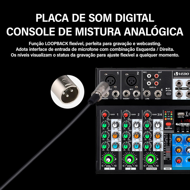 Mixer analógico VEDO AF4, placa de som digital mesclada, 4 canais, configurações de função personalizadas, console de mixagem analógico para transmissão ao vivo