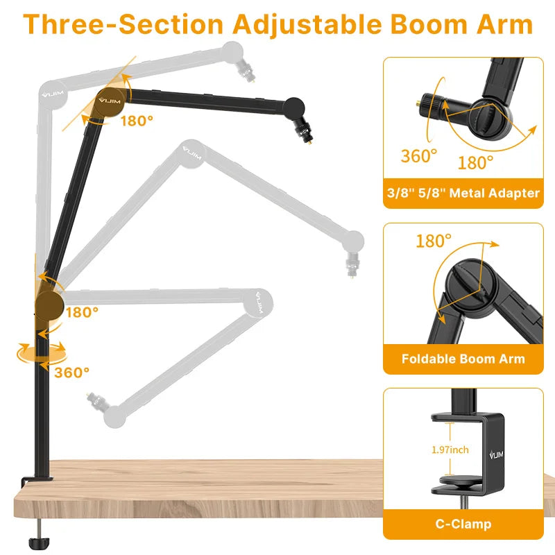 Suporte de braço de microfone VIJIM LS24 para câmera DSLR, suporte de mesa com suspensão ajustável e suporte de 1/4'' e 3/8'' para gravação